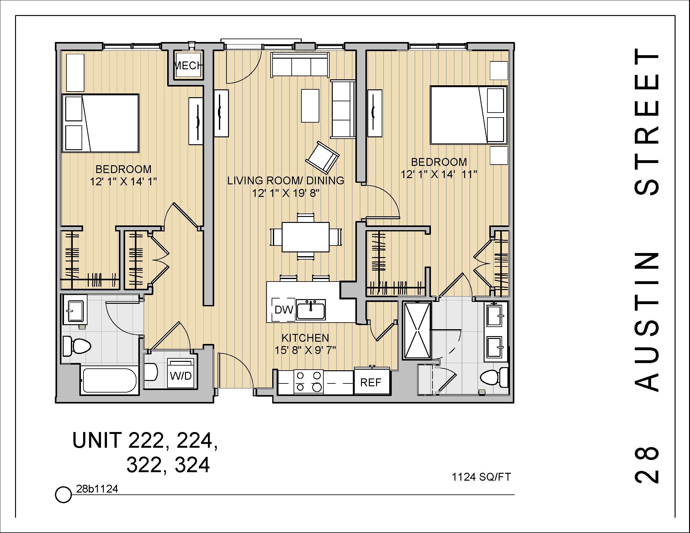 Floor plan for 2 beds, 2 baths, 1124 sqft